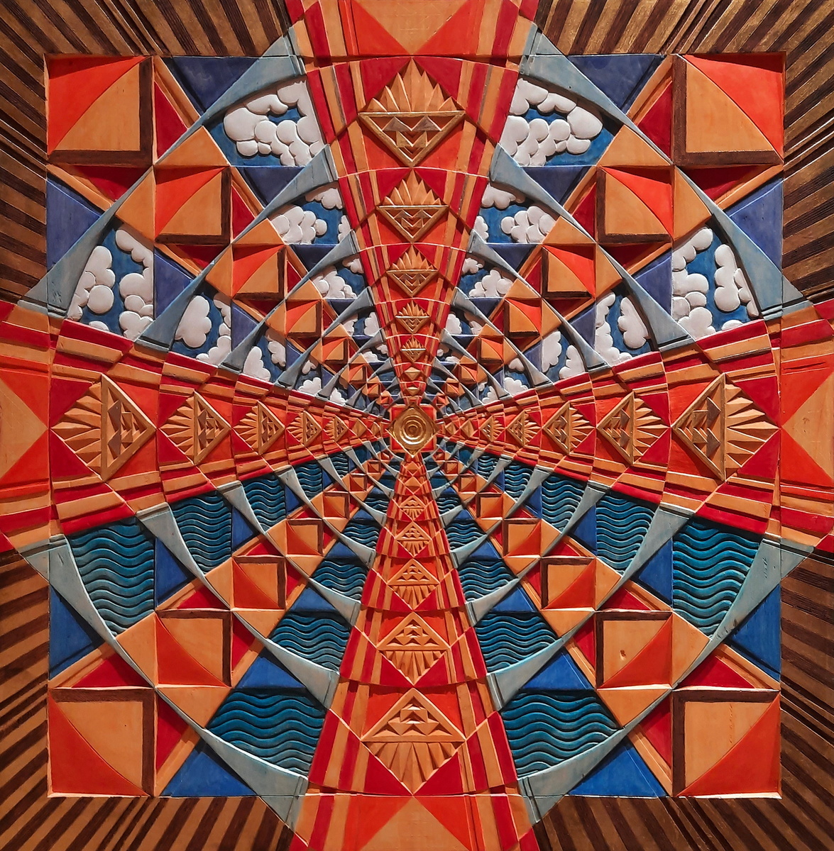 Дерево, низкий рельеф, натуральные пигменты, сусальное золото, цветные металлы. 60х60