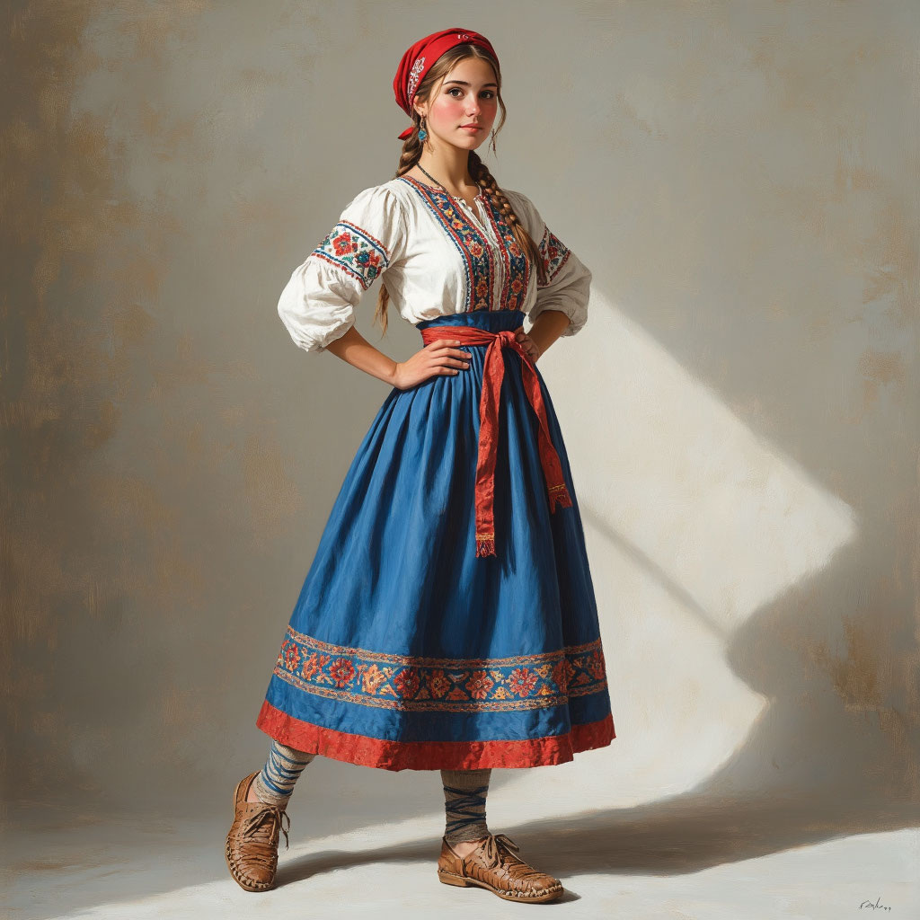 Девушка в традиционном девичьем костюме Московской губернии: синяя сарафанная пара, вышитая рубаха, красная повязка на голове, лапти. Реализм, детализация, естественный свет.