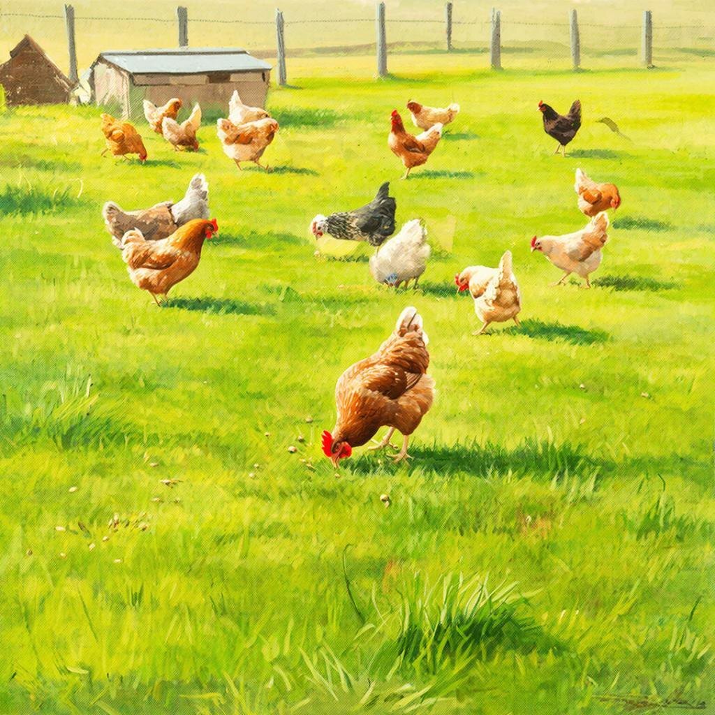 Курочки гуляют. Изображение сгенерировано сервисом GigaChat