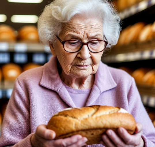 Пожилая женщина в очках внимательно смотрит на ценник в магазине, держа в руках буханку хлеба
