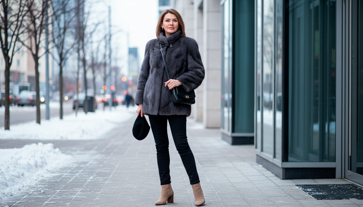 Короткая норковая шуба графитового цвета в сочетании с узкими чёрными джинсами и ботильонами на каблуке