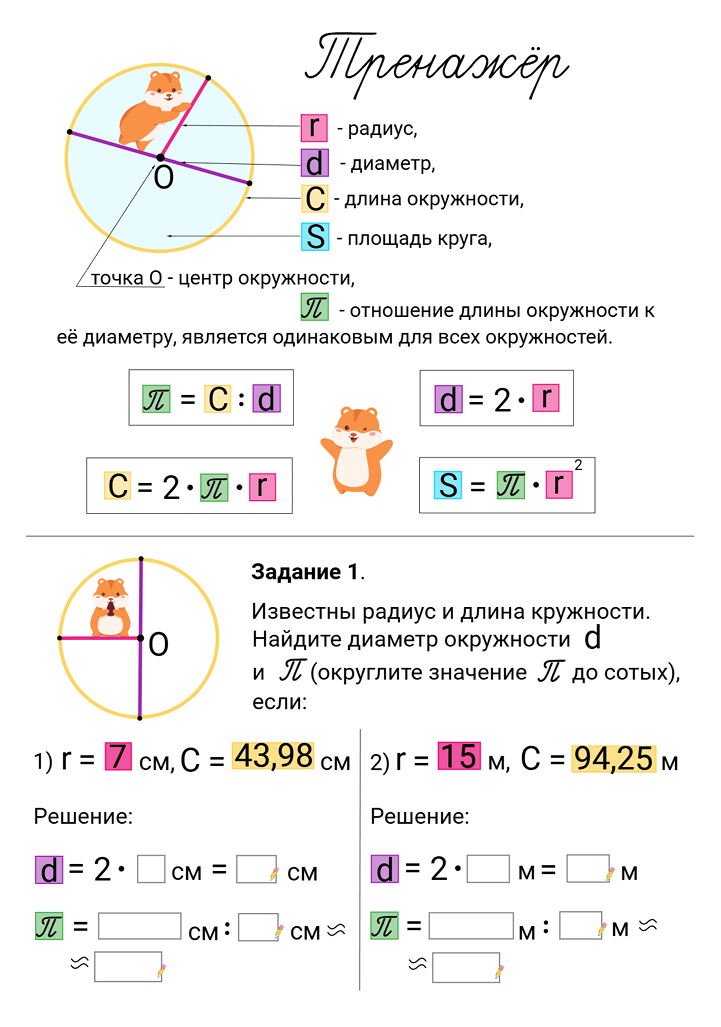 🐹 Тренажёр «Длина окружности и площадь круга»
