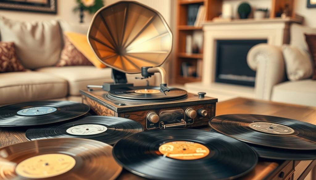    Изображение с граммофоном и виниловыми пластинками, отражающим эволюцию аудиосистем