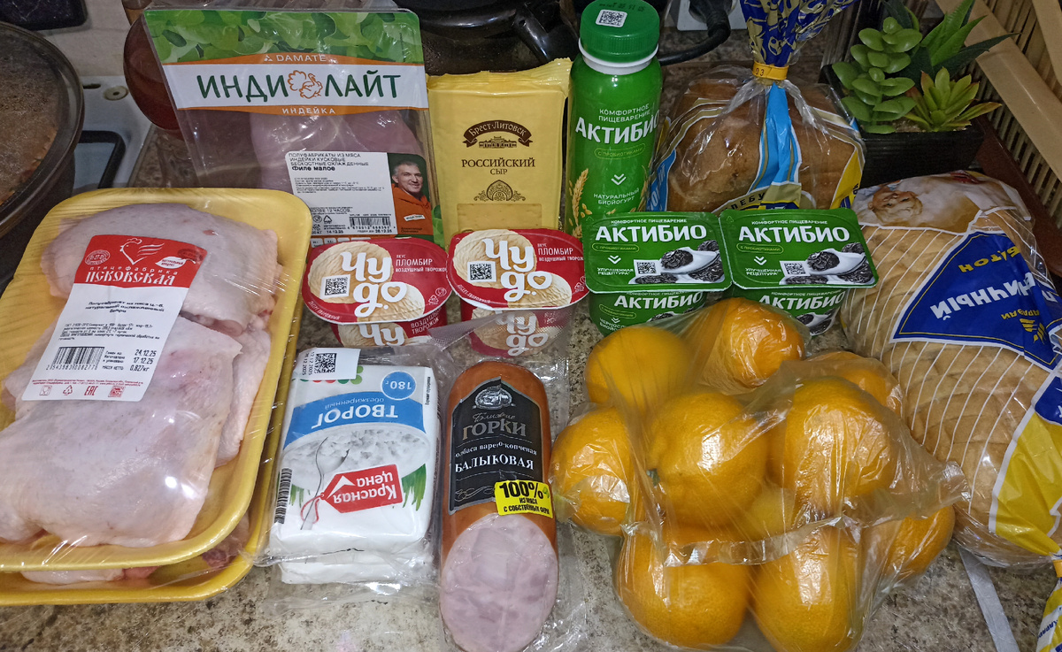 МОИ ПОКУПКИ: ФИЛЕ ИНДЕЙКИ, СЫР, ЙОГУРТ, ХЛЕБ, КУРИНЫЕ БËДРА, ТВОРОГ, БАЛЫКОВАЯ КОЛБАСА, МАНДАРИНЫ, БАТОН И БИО-ТВОРОЖКИ.