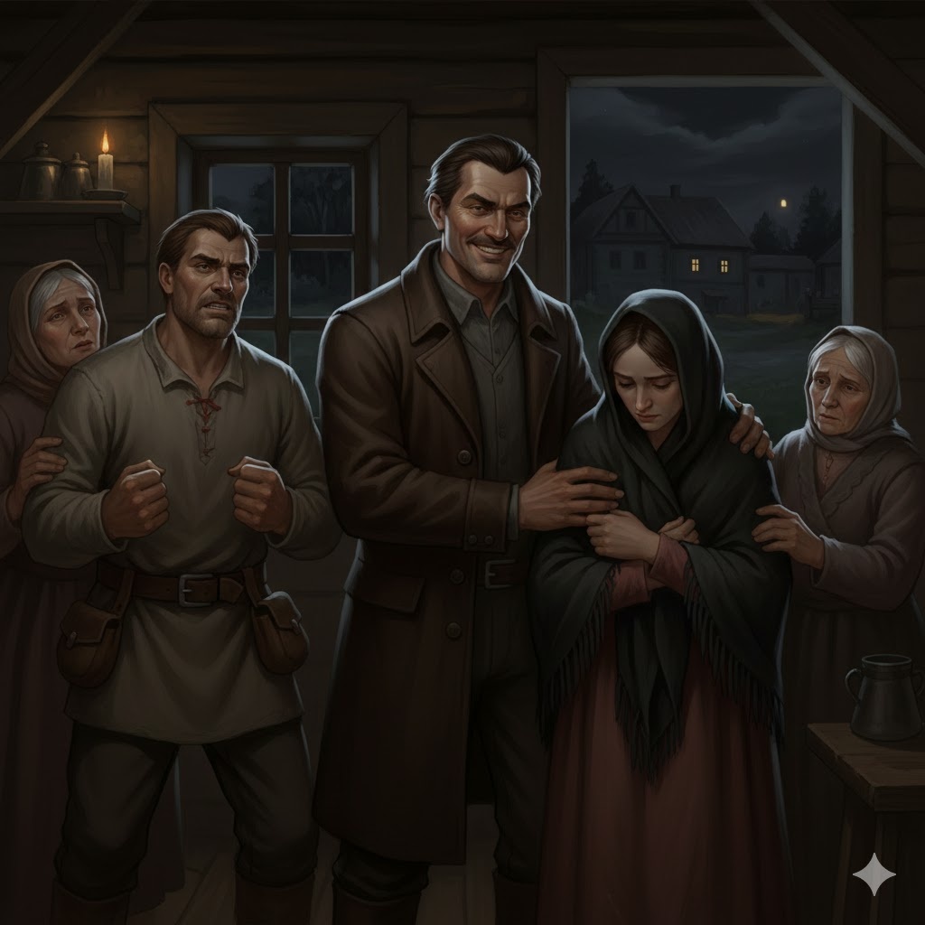 "Тень обмана: Ночной визит старосты", иллюстрация создана сетью Джемини