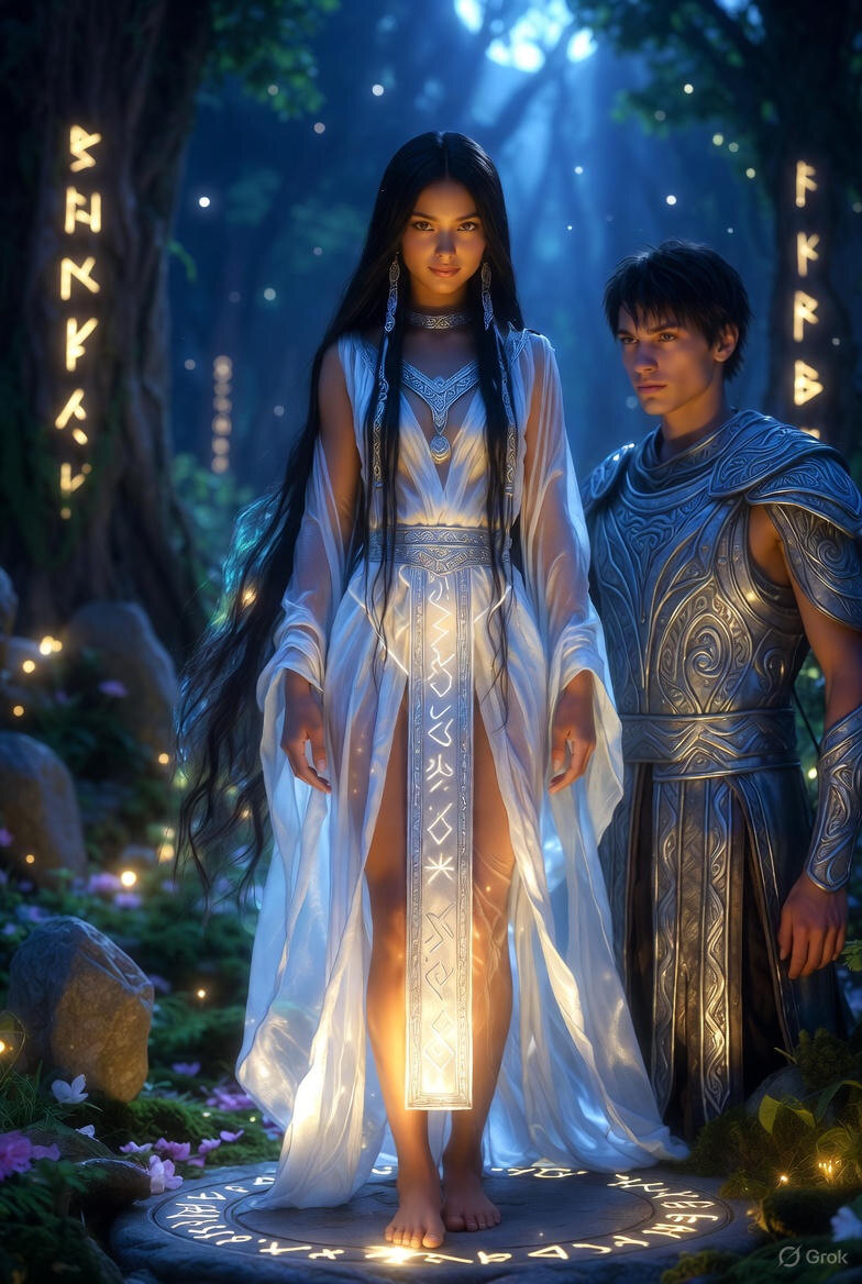 "Первая встреча Орина и Файр: момент, когда пробудилась древняя память", иллюстрация создана сетью Грок