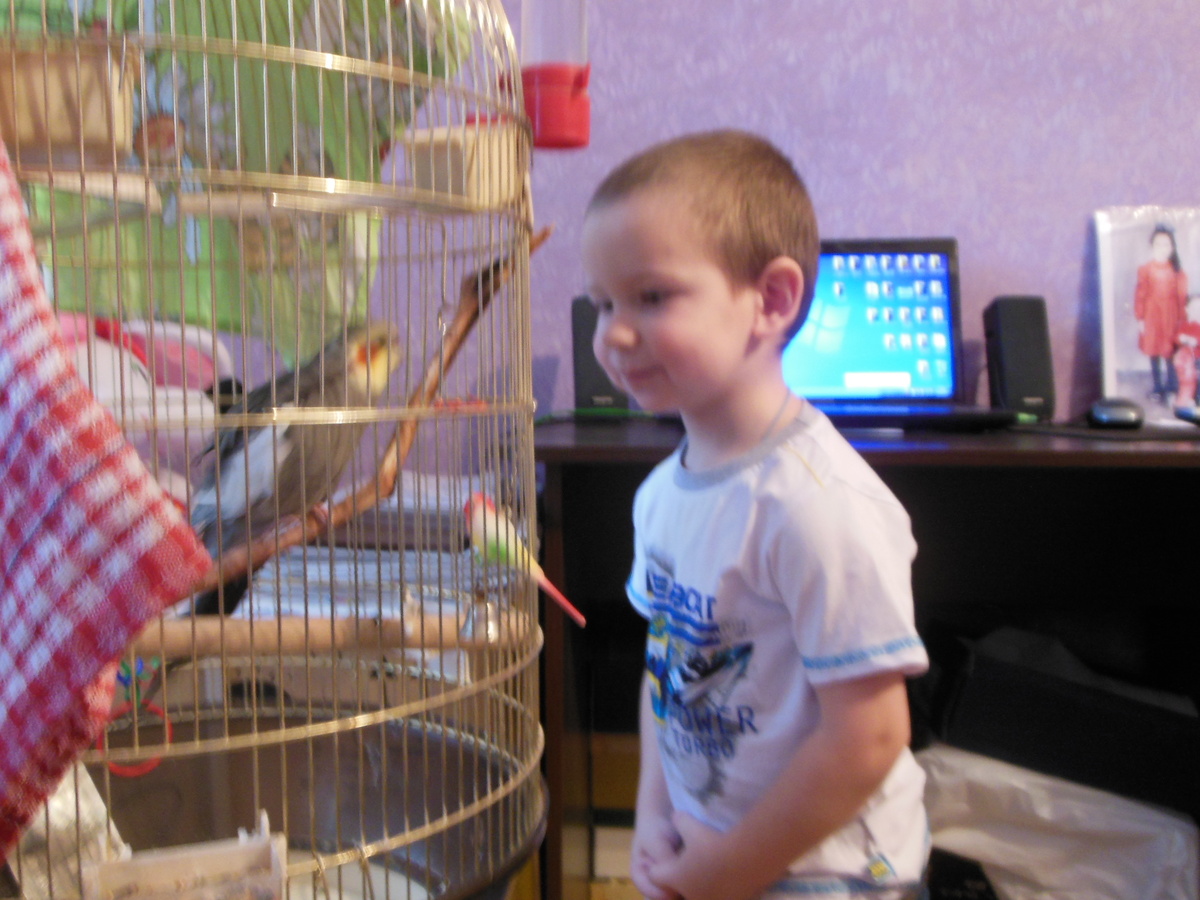 Внук Ярослав разговаривает с Петрушей. Фото из семейного архива.