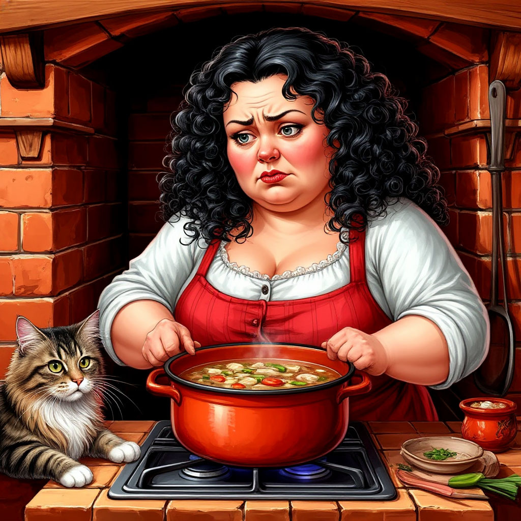 Так нейросеть «Шедеврум» изобразила моё расстроенное состояние от опрокинувшихся щей. Лучшего совпадения мне не удалось от неё добиться. Что такое ухват и русская печь, она, к сожалению, не знает