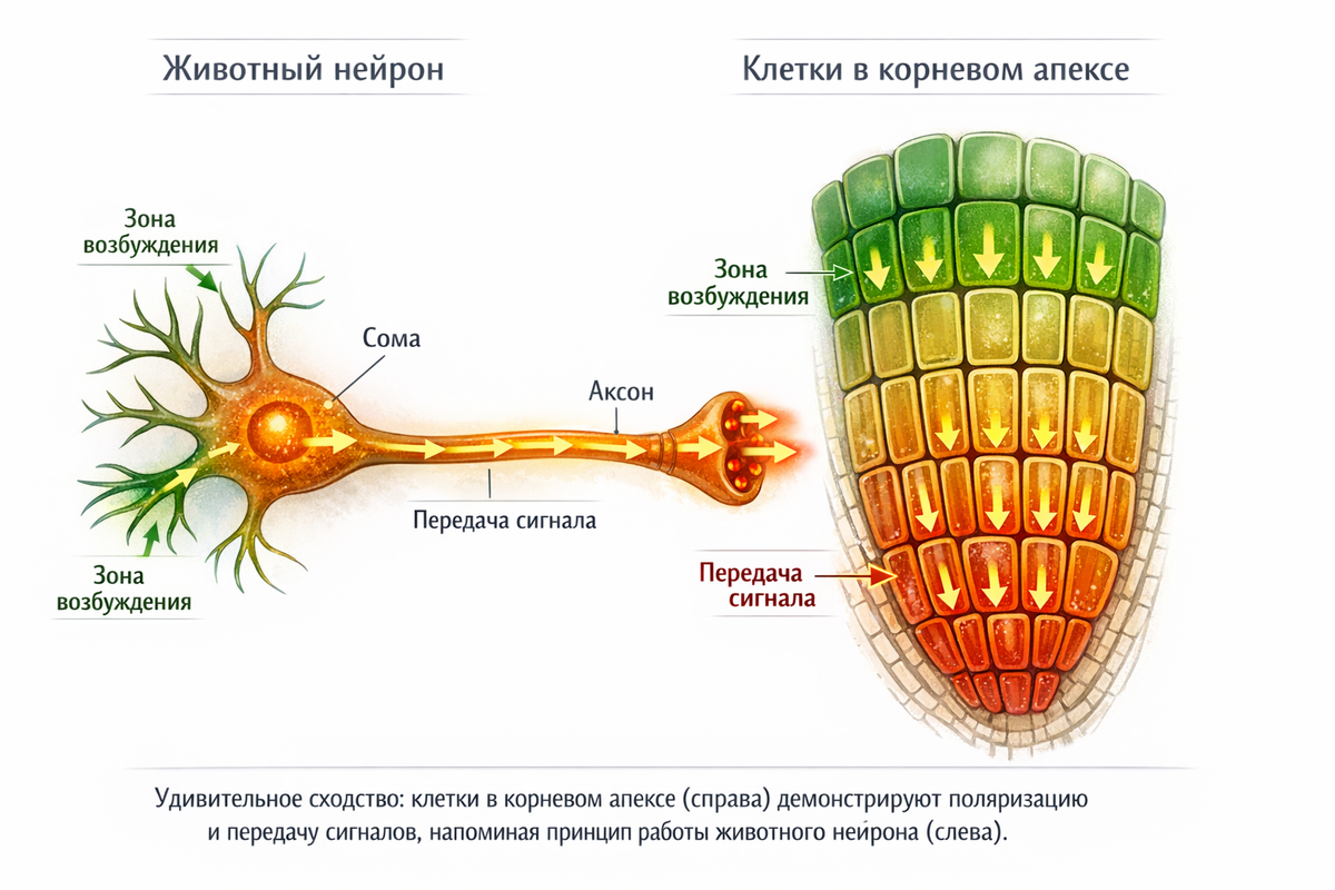 Сравнительная схема животного нейрона и клеток в кончике корня растения, с выделением зон возбуждения и передачи сигнала. Подпись: Удивительное сходство: клетки в корневом апексе (справа) демонстрируют поляризацию и передачу сигналов, напоминая принцип работы животного нейрона (слева)
