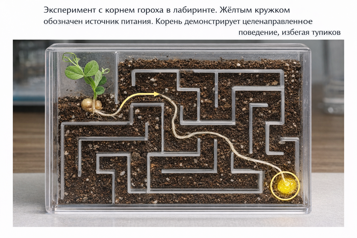 Фотография или схема эксперимента с горохом в лабиринте. Подпись: Эксперимент с корнем гороха в лабиринте. Жёлтым кружком обозначен источник питания. Корень демонстрирует целенаправленное поведение, избегая тупиков