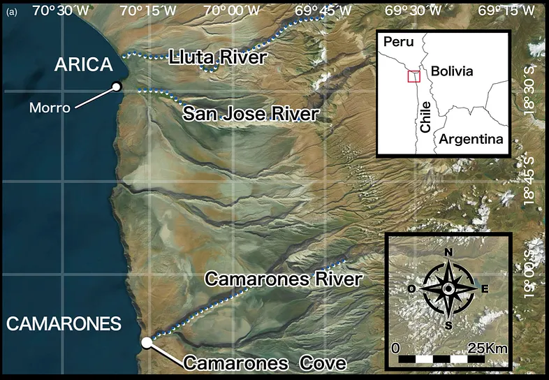 На схеме показаны археологические памятники чинчорро вдоль побережья пустыни Атакама в Чили.