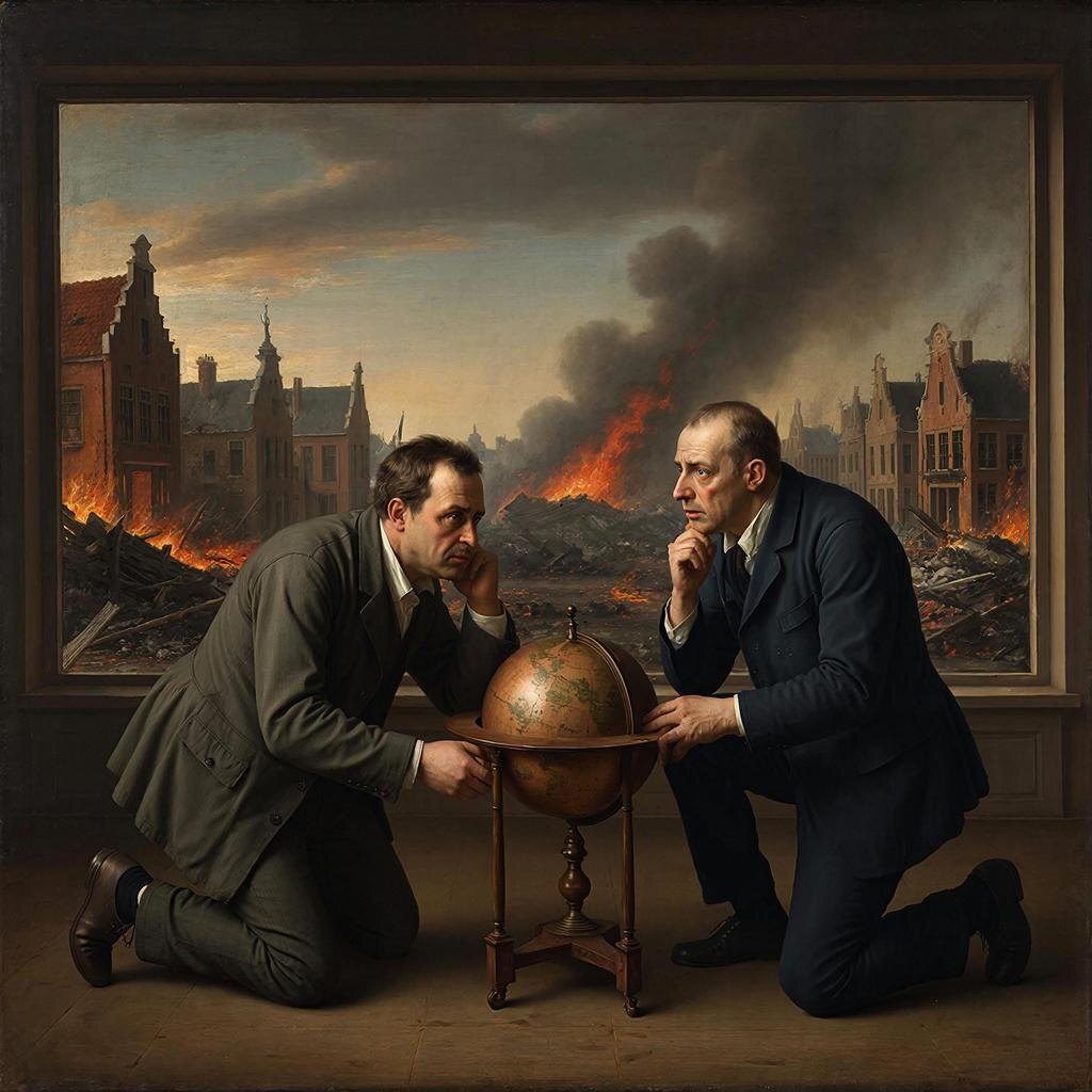 Люди, разжигающие мировую войну. ИИ kandinsky помещает их в какой-то старый европейский город.