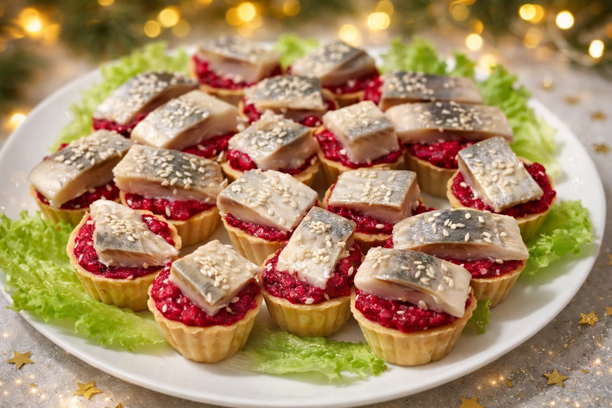 Селёдка на шубе в мини-версии в тарталетках 