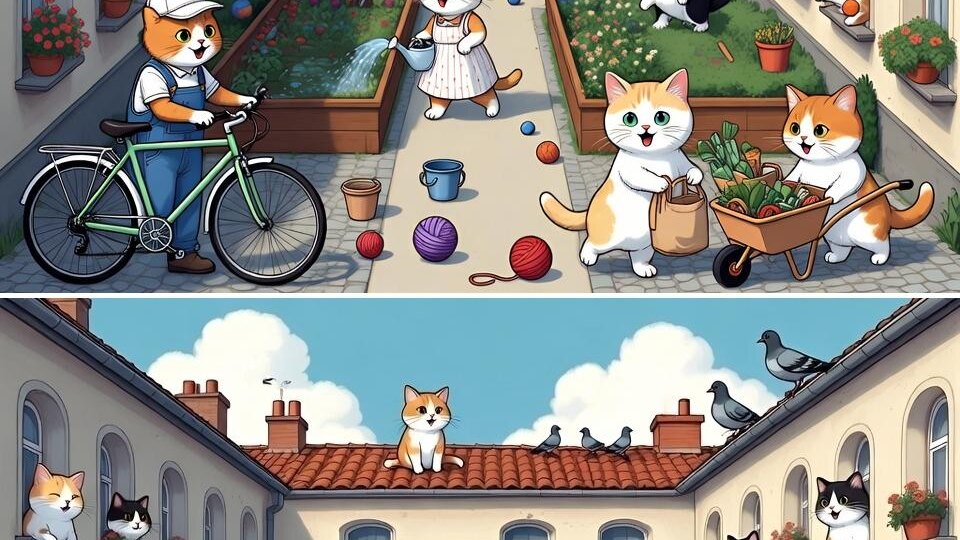 Тест на внимание. Кошачий дворик. 8 отличий.