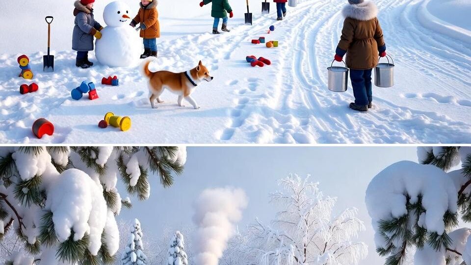 Тест на внимательность. Зимние хлопоты у лесного дома. 5 отличий.