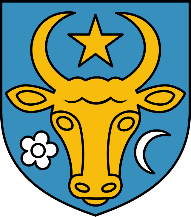 Голова быка, увенчанного звездой золотой, в сопровождении серебряного цветка и серебряной луны. Герб Молдавского княжества. Фото является общественным достоянием.