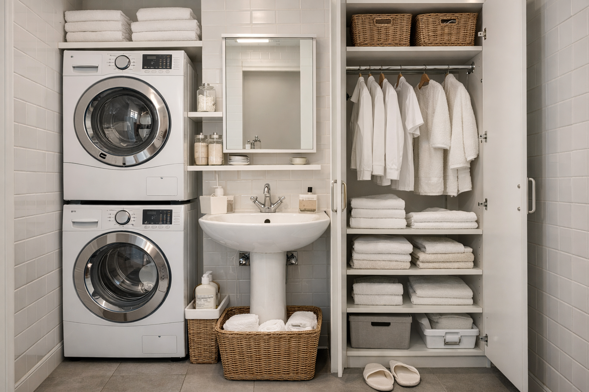 Постирочная 3,2 м² в СПб: башня washer/dryer, сушильный шкаф, раковина‑тюльпан и порядок «как в отеле»