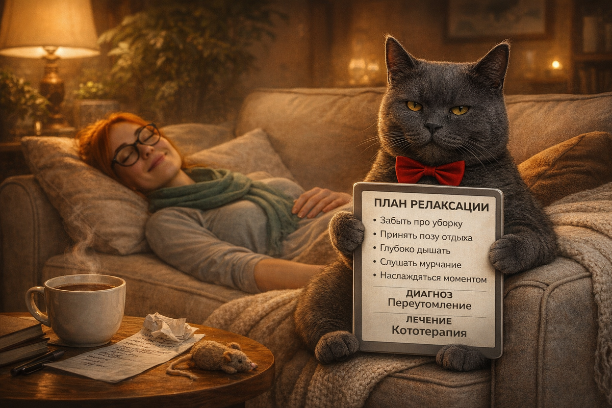Иллюстрация создана автором с помощью нейросети специально для статьи
"Пушистый коуч по релаксу анализирует стресс хозяйки: где напряжение, а где настоящий отдых"
