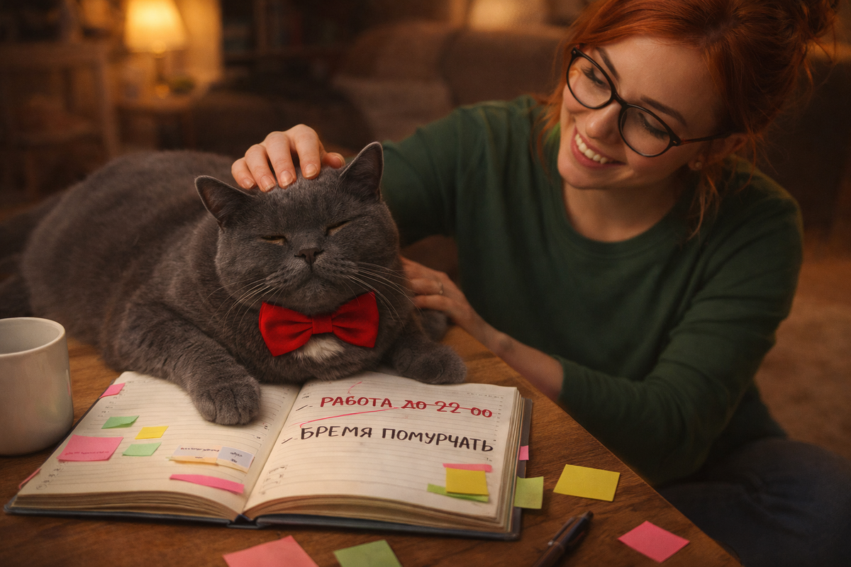 Иллюстрация создана автором с помощью нейросети специально для статьи
"Пушистый коуч исправляет рабочее расписание: когда кот знает тайм-менеджмент лучше человека"