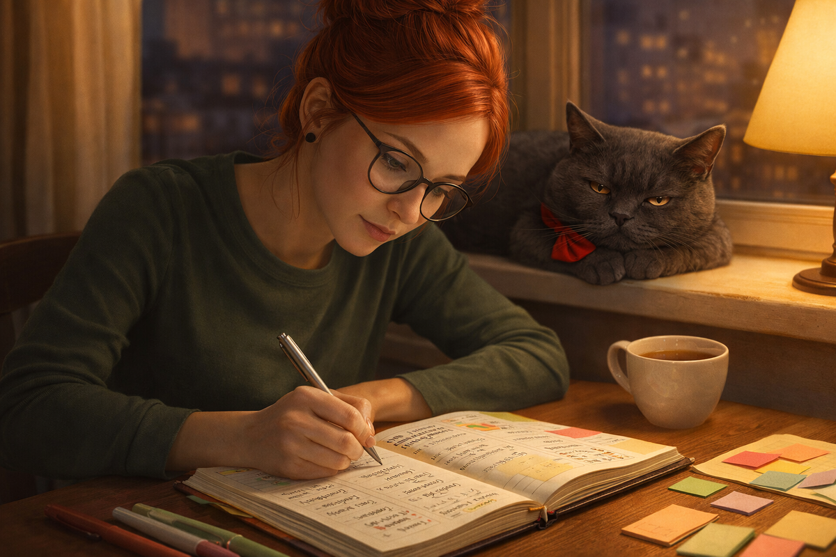 Иллюстрация создана автором с помощью нейросети специально для статьи
"Мудрый кот наблюдает за планированием хозяйки: когда питомец знает о тайм-менеджменте больше человека"
