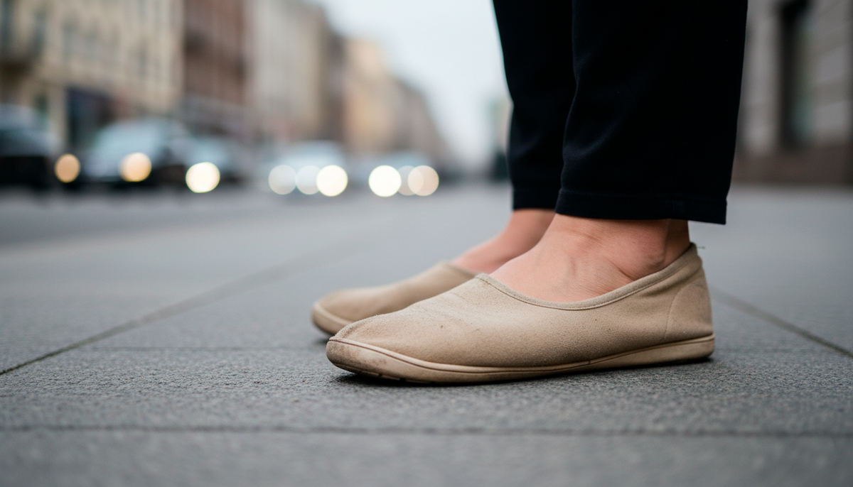 ❌ Вот она — главная ошибка! Бесформенные туфли, похожие на тапочки. Даже если вам 40, такая обувь визуально добавляет лет 15. Пора с ними расстаться, девочки!