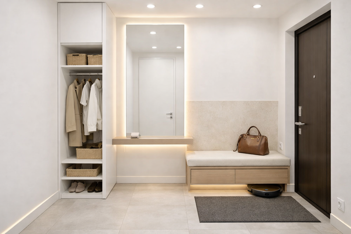 Прихожая 4 м² в СПб: «грязезащита 3 ступеней», зеркало в пол и свет, который стройнит кадр