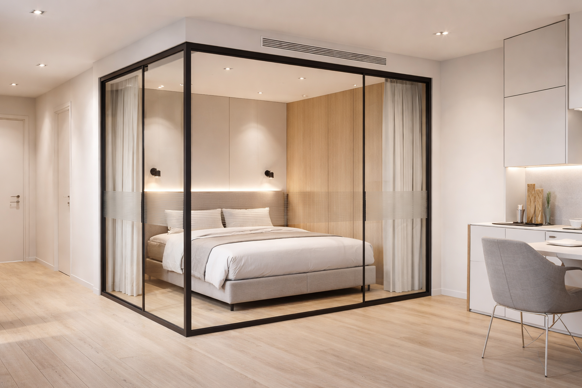 Спальня‑капсула за стеклянной перегородкой: зонируем студию и не теряем свет