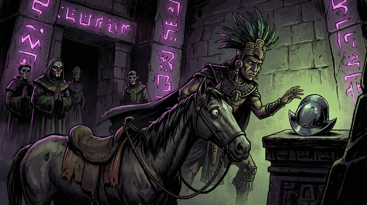 Начало ассимиляции технологий. Тлатоани Куаутемок изучает трофейное снаряжение.