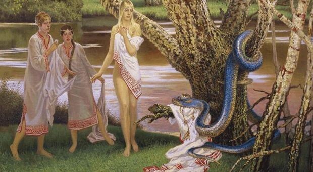 Иллюстрация Бориса Ольшанского к сказке «Эгле, королева ужей». Завязка легенды: сёстры на берегу, а на одежде младшей — уж, могущественный водяной дух, пришедший за невестой