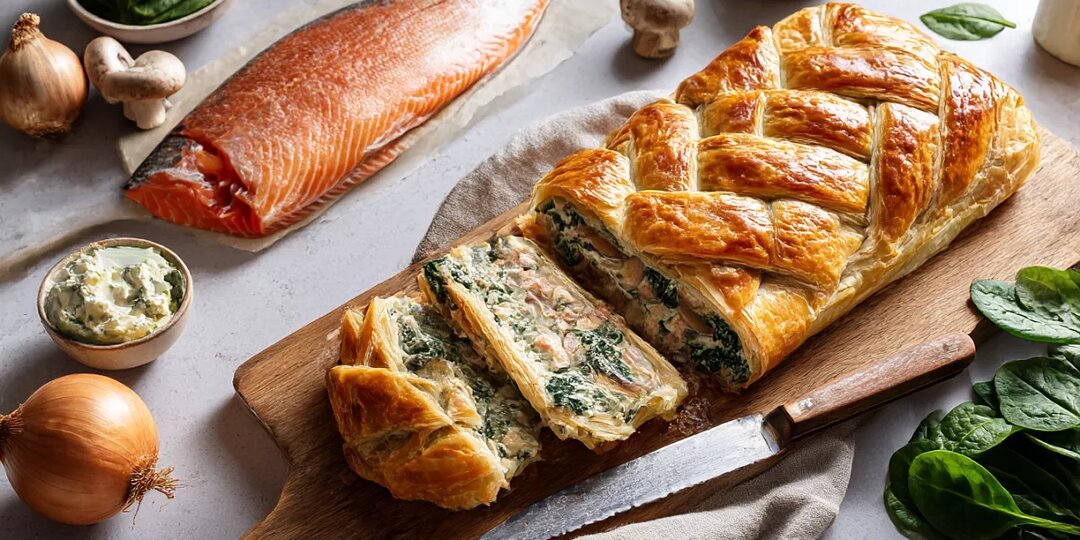 Рыба в слоёном тесте с грибным кремом и шпинатными блинчиками