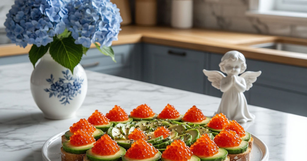 Брускетта с красной икрой, авокадо и огурцом