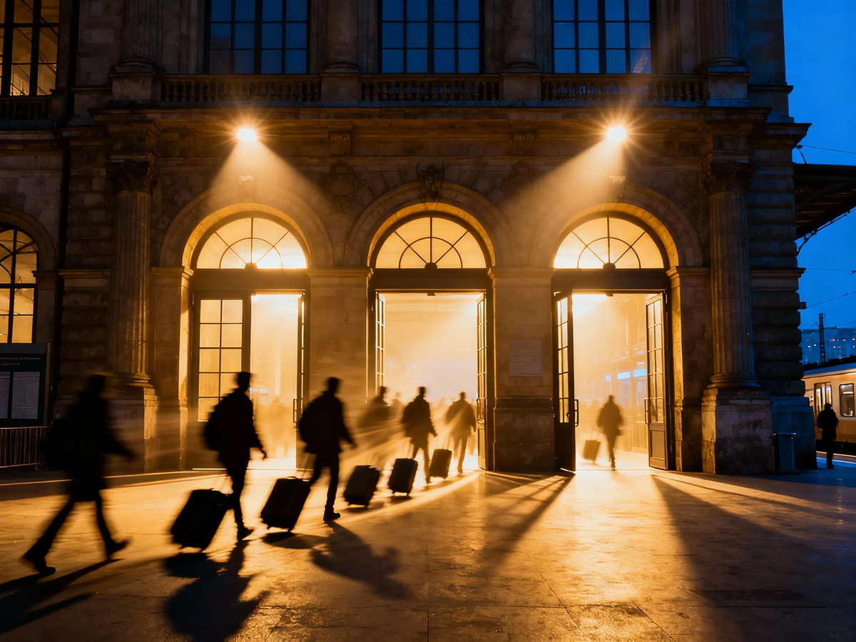 Ночные ворота города. Архитектура, которая не спит, пропуская сквозь себя вечное движение — из дома в путь и обратно.

