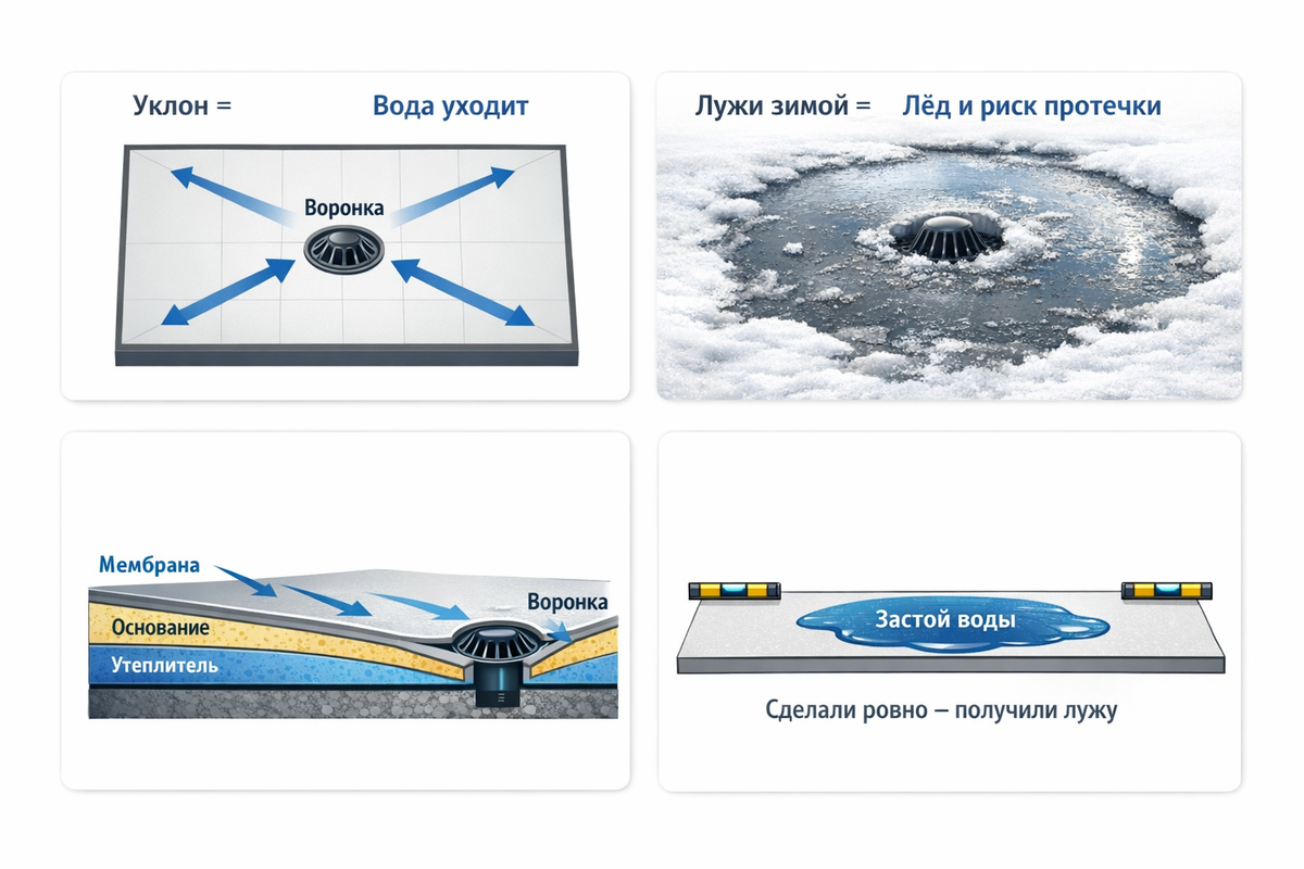 Даже небольшой уклон, правильно привязанный к воронке, решает большинство проблем с застоем воды.