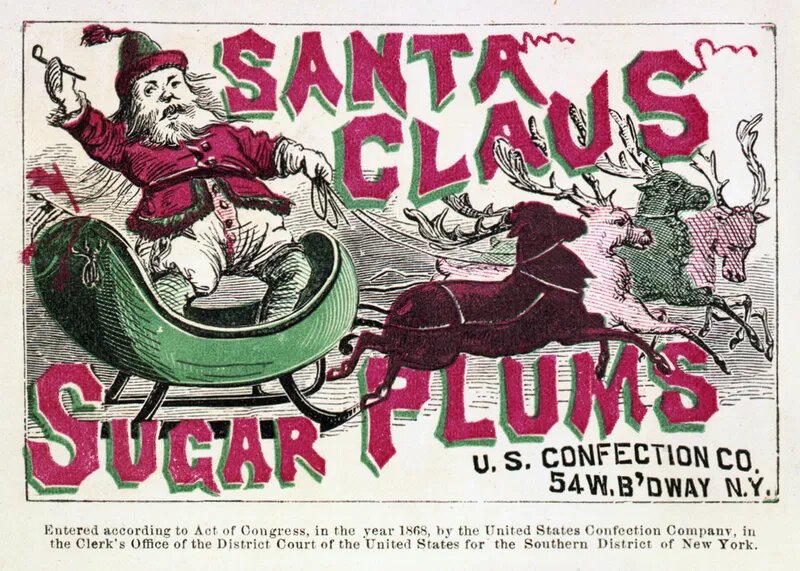 В рекламе Sugar Plums 1868 года Санта Клаус в зеленой шляпе и без брюк