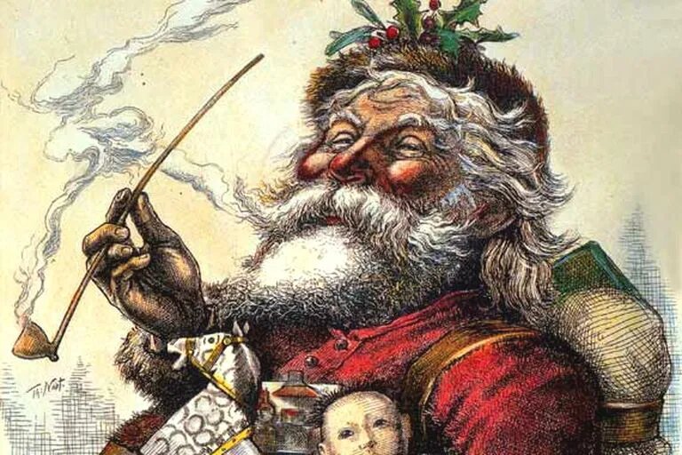 На иллюстрации Томаса Наста 1881 года «Весёлый старый Санта» уже присутствует весёлая полнота и красный цвет костюма