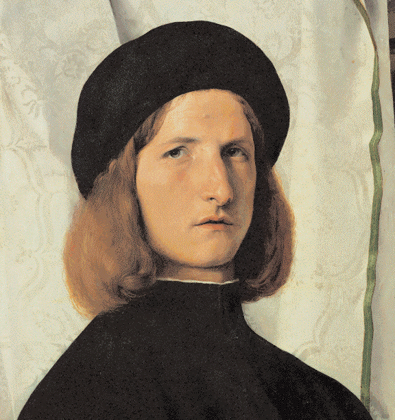 Элегантный молодой человек 
В Италии начала XVI века, для представителей знати было принято заказывать портреты, выполненные в монохромной технике, преимущественно в черном цвете, что отражало модные тенденции того времени. Несмотря на то, что личность изображенного на портрете Лоренцо Лотто 1508 года остается неизвестной, нельзя отрицать, что использование черного цвета придает модели ауру серьезности, загадочности, притягательности и даже некоторой романтической глубины.
Лоренцо Лотто, Портрет молодого человека перед белым Curtain,1508. Вена, Kunsthistorischesmuseum.