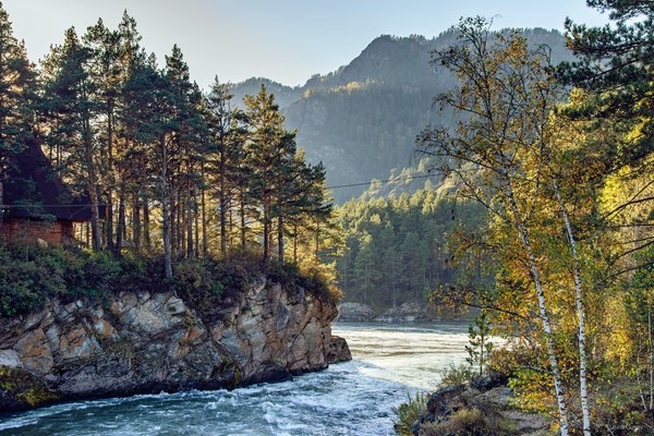 Сидишь себе у реки и наслаждаешься ... свежим воздухом, солнечным 
осенним днём, кофе в стаканчике и кедровым марципаном вприкуску. Эх... С
 Воскресением Вас!   

Впадение Чемала в Катунь, Алтай ...   

  