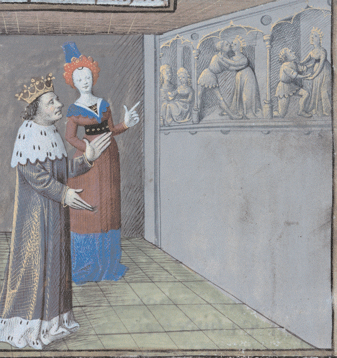 Камера изображений
К закату Средневековья техника гризайля предоставила возможность интегрировать одно изображение в другое, что способствовало ясности и предотвращало смешение различных иконографических уровней. Именно этот метод применил миниатюрист, чтобы показать, как король Артур обнаруживает помещение, где Ланселот провел некоторое время в заключении. В этой комнате Ланселот, в свою очередь, запечатлел на стенах сцены, повествующие о его взаимной любви к королеве Гвиневре.
Миниатюра из рукописи Ланселота в прозе, освещённая Эвраром д'Эспинкесом, ок. 1470. Париж, Bibliothèque Nationale de France, г-жа фр. 116, фол. 688v.