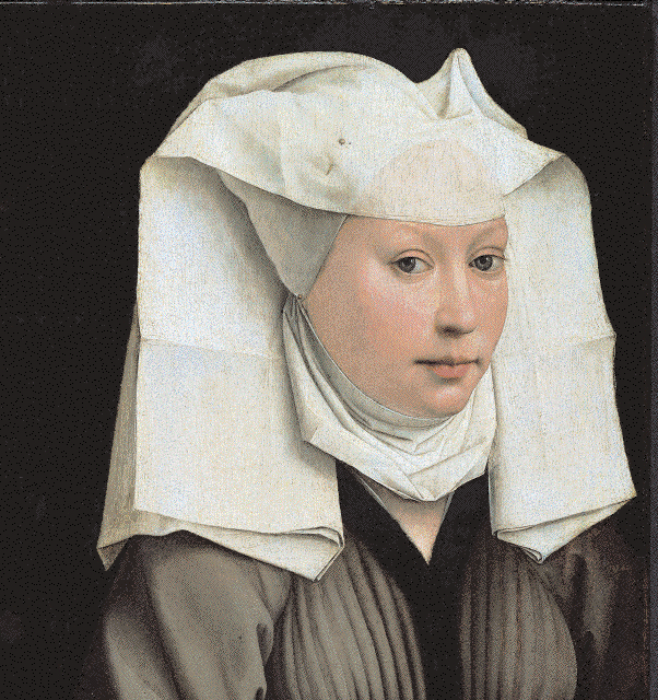 Молодая женщина
В XV столетии серые оттенки, ставшая новой вехой в моде, проникли не только в мужские гардеробы. Изящные дамы с энтузиазмом подхватили этот тренд, сочетая, подобно мужчинам, эти новомодные серые блики с белым. Такой выбор был продиктован не только эстетическими предпочтениями, но и этическими соображениями, ведь эти три цвета стали ассоциироваться с большей добродетелью по сравнению с другими.
Рогье Ван дер Вейден, «Портрет молодой женщины», ок. 1445. Берлин, Gemäldegalerie.