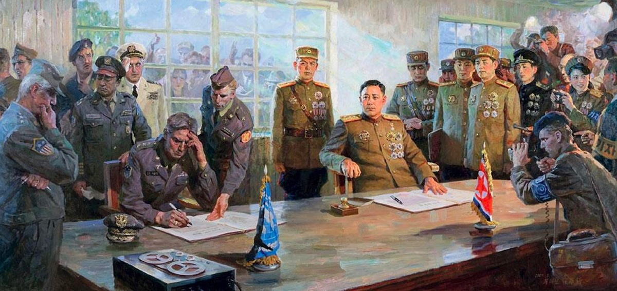 Подписание Пханмунджомского перемирия, 1953 г. Сразу видно, кто победил в войне. Торжественно позирующая делегация Северной Кореи во главе с генералом Корейской Народной Армии товарищем Нам Илем и унылая делегация ООН под началом генерал-лейтенанта армии США Уильяма Гаррисона. Художник Цуй Гексинь, 2009 г. Изображение из открытых источников.