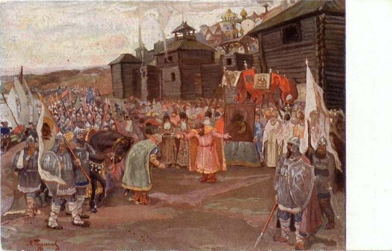 Великий Князь Георгий Всеволодович встречает своего брата Святослава, завоевавшего устье Оки в 1220 / Из собрания В.Ю.Виллуана / Государственный ордена Почета музей А.М. Горького / goskatalog.ru