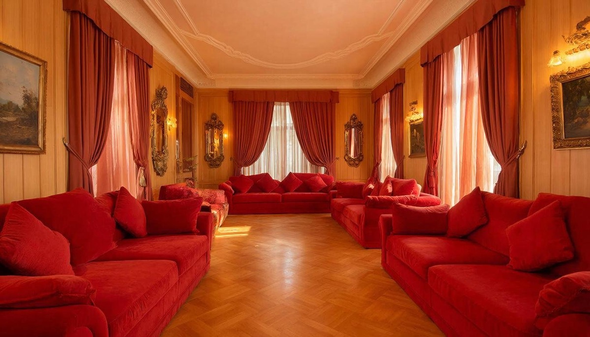    К 100-му циклу генерации изображений ИИ создал роскошную гостиную с красными диванами и шторами.