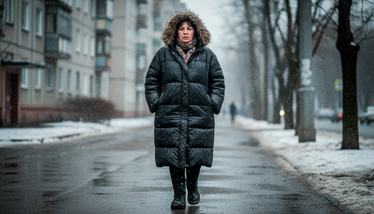 Тёмный, длинный пуховик с блестящей тканью и громоздкими деталями визуально расширяет фигуру и «забирает» всё внимание на себя, поэтому образ кажется тяжёлым и устаревшим.