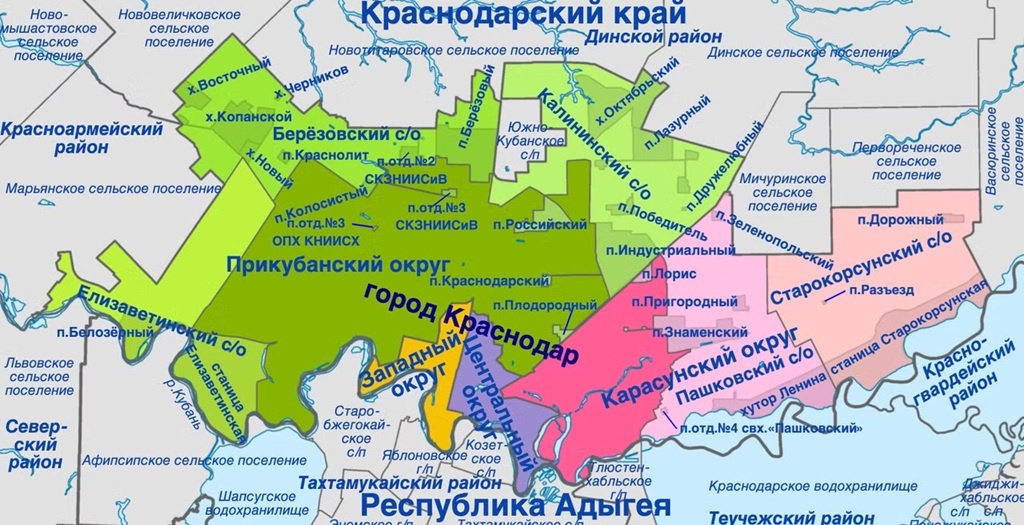 Карта округов города Краснодара.