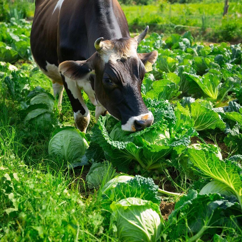 Корова в огороде. Изображение сгенерировано сервисом GigaChat