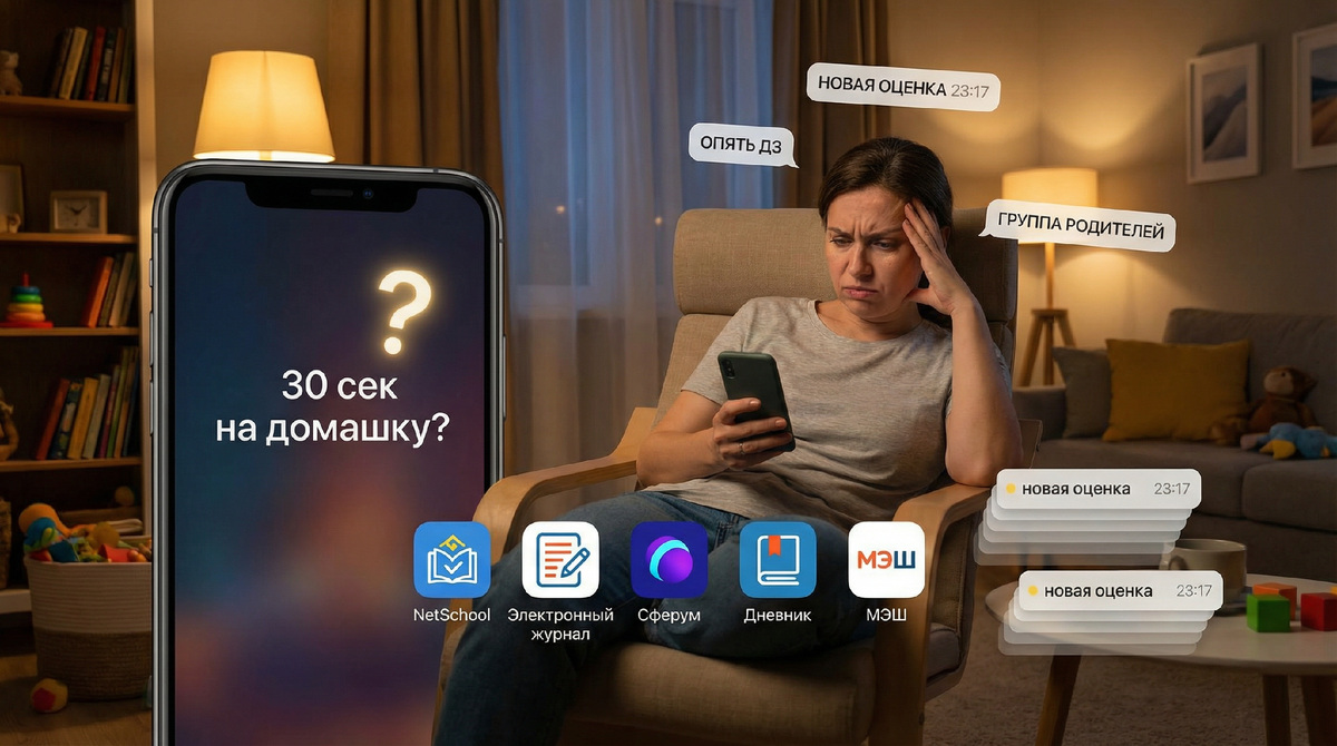 Родитель тонет в уведомлениях от дневников и ищет простой способ узнать домашку за 30 секунд.