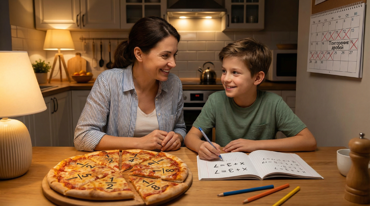 Родитель и ребёнок визуализируют дроби через пиццу и решают базовые уравнения вместе.