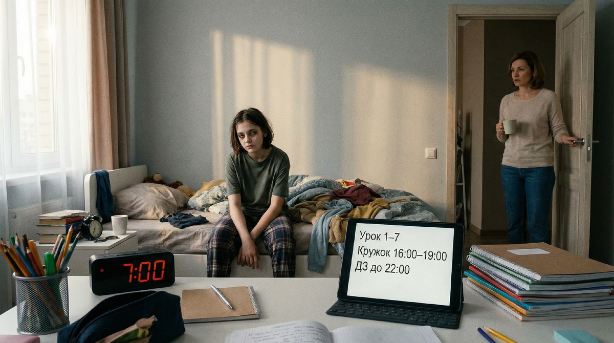 Усталый ребёнок после перегрузки школой и кружками, родитель ищет решение.