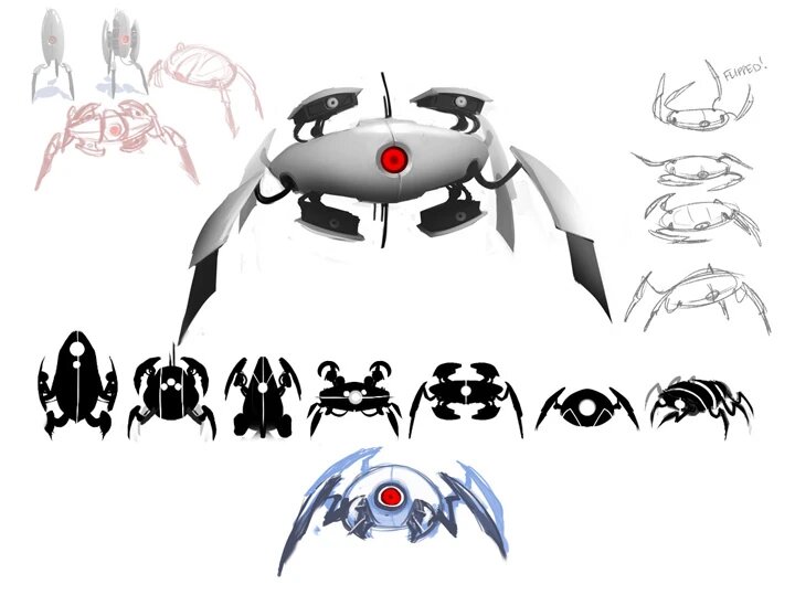 Концепт-арт варианта «Мобильной турели», использующей дизайн стандартной турели, сделанный для Portal 2.