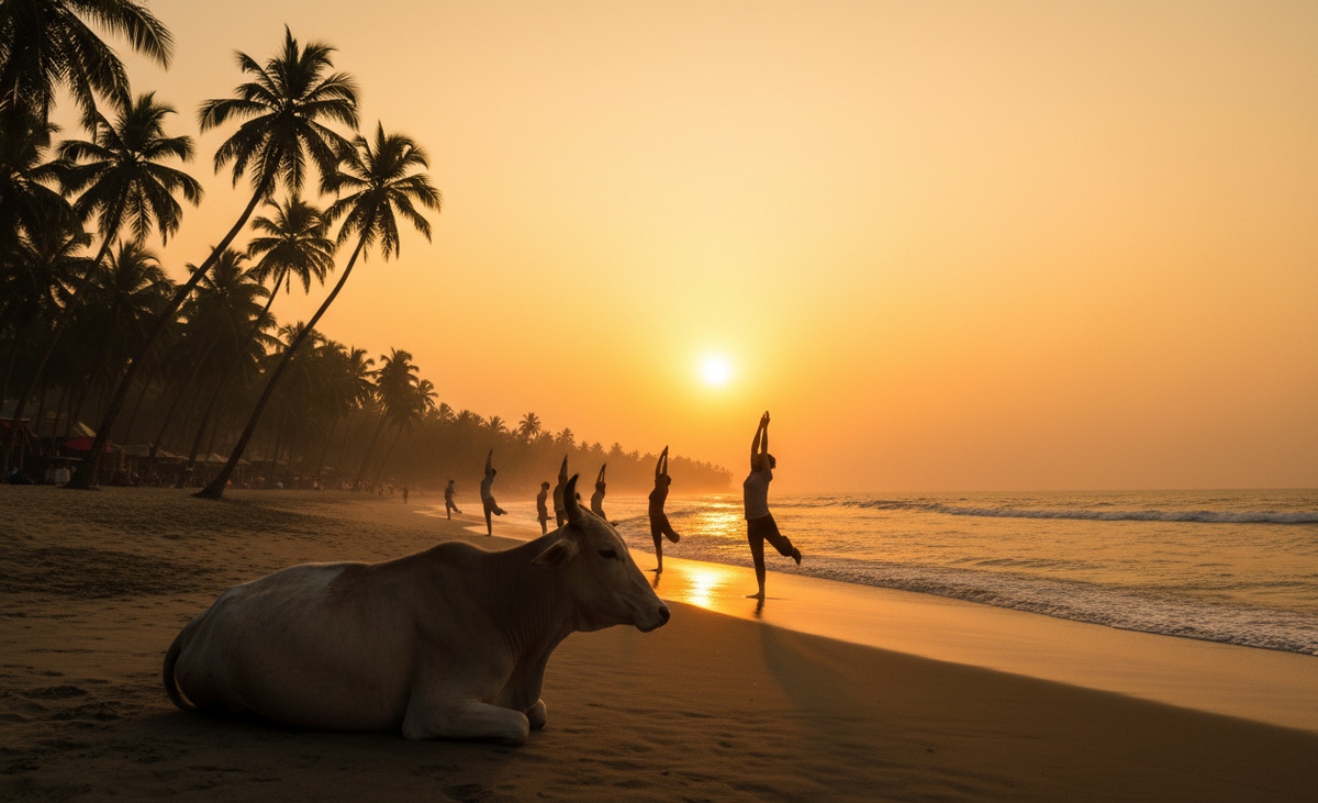 Коровы на пляже Гоа на закате, атмосфера спокойствия.